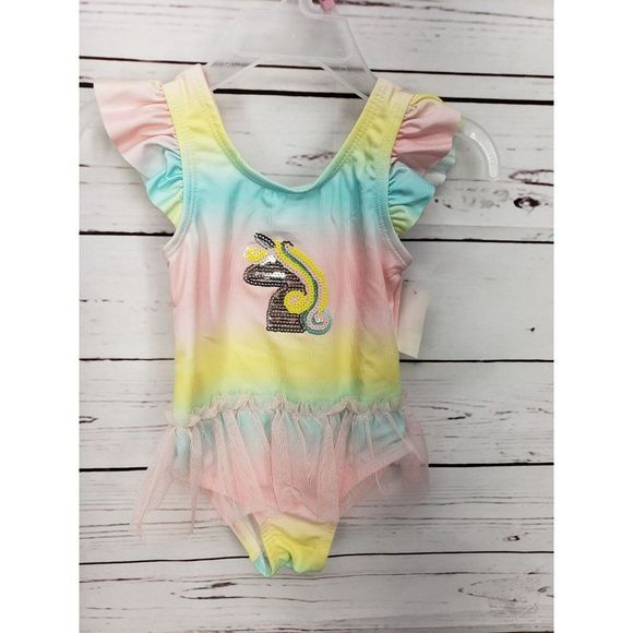 Lemon Kiss Toddler girls 18 months 1 piece swimsuit pink tyedye unicorn swimwear - Picture 7 of 8